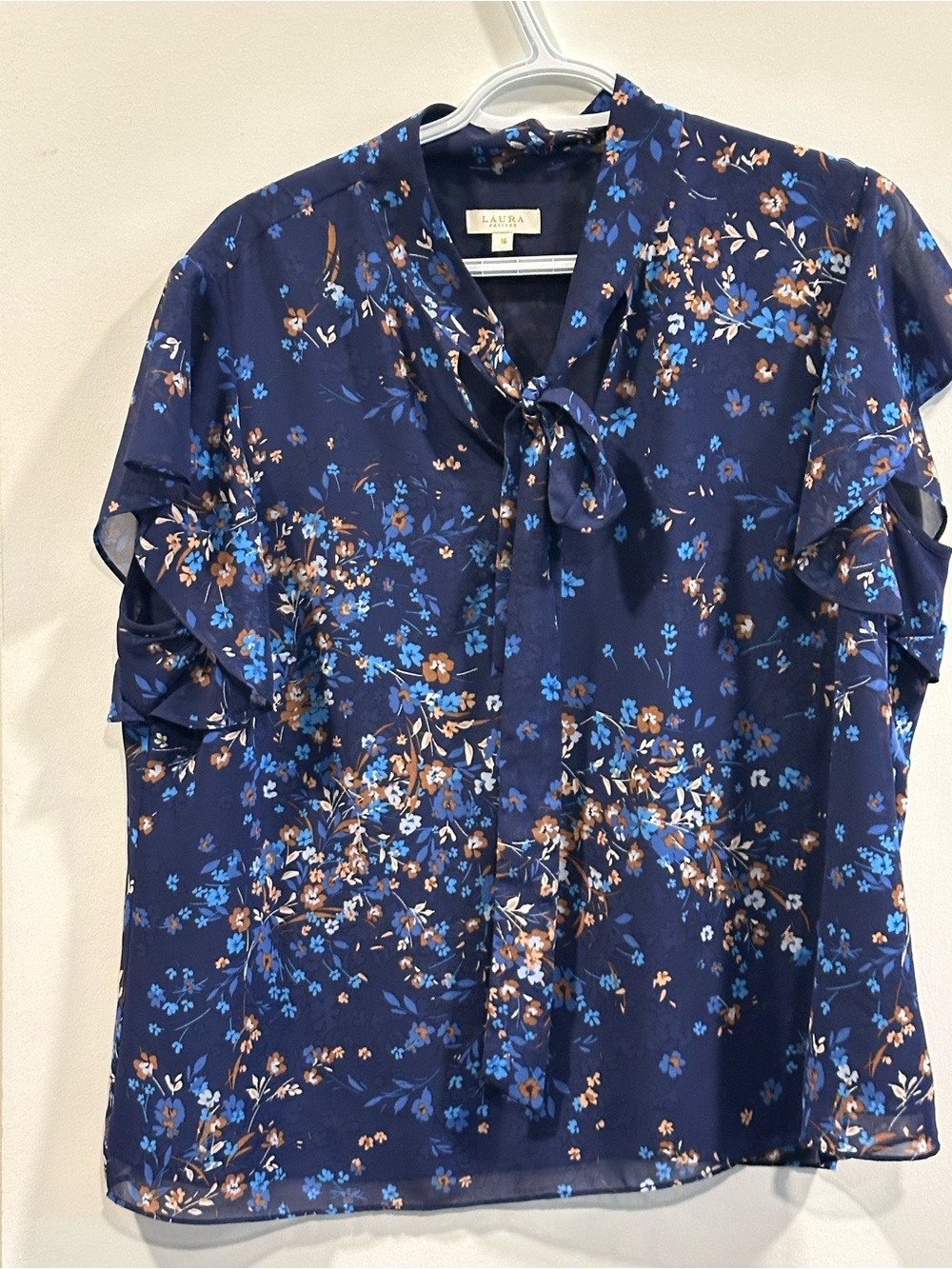 Laura Ashley Navy Floral Tie-Neck Ruffled Blouse